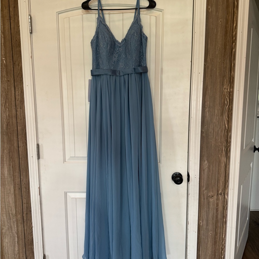 Azazie Dusty Blue Lace Chiffon Gown